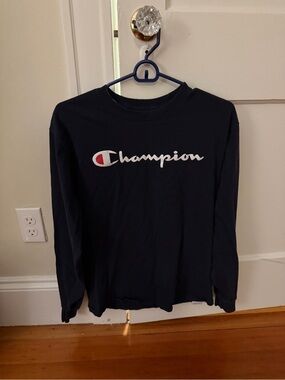 Champion Navy Long Sleeve T Shirt with Script Logo and Red Accent Size Medium